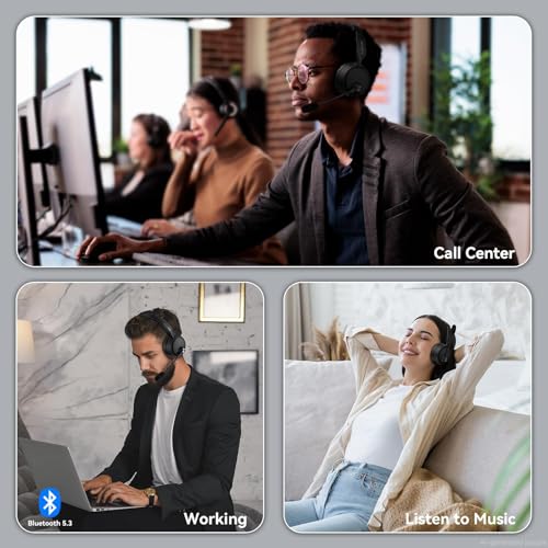 Wireless Headset with Mic for Work, Wireless Headset with Microphone AI Noise Cancelling, Bluetooth 5.3, 60H Battery, Mute Button, Comfortable Over Ear Headphones for PC, Laptop, Call Center, Office