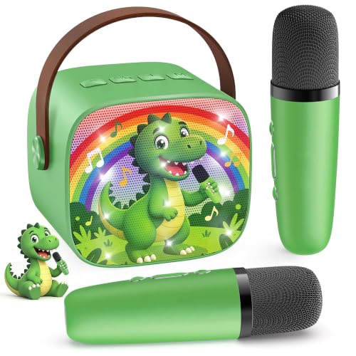 YLL Karaoke Machine for Kids, Portable Mini Speaker with 2 Wireless Microphones, Kids Toy Gifts for Boys Ages 3, 4, 5, 6, 7, 8, 9, 10+ Years Old, 4-12th Birthday Singing Home Family Party - color: Olive-Dinosaur