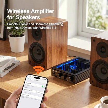 P60 Wireless Stereo Amplifier for Passive Speakers, 300W x 2 TPA3255 2 Channel Mini Class D Home Audio Amp with PFFB, Bass Treble Control for Outdoor/Bookshelf/Turntable Speakers