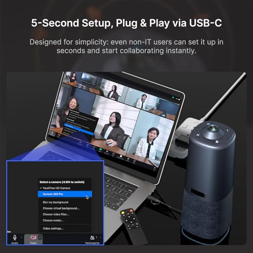 NUROUM 360 Pro Conference Room Camera System with Mic, 3 AI Modes | 360° Panoramic View, Sony 12MP CMOS Sensor, 6 Omnidirectional Mics, Plug-and-Play, Versatile Compatibility, Remote Control