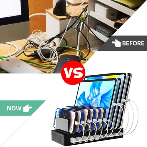 100W 10포트 스마트 충전 스테이션 | USB-A 5개 및 USB-C 포트 5개 | 휴대폰, 태블릿, 시계 등을 위한 정리 디자인 (블랙)