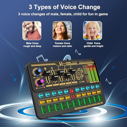 Audio Mixer With Effects, Live Sound Card with Volume Fader, Voice Changer, Sound Effects, for Karaoke, Streaming, Recording, Podcasting Sound Board for Kids, Gift, Game, PS5