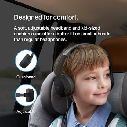 Belkin SoundForm Mini Wired Kids Headphones, On Ear, 3.5mm | Toddler headphones, built-in mic, 85dB safe volume limit, durable design, online learning, classroom, travel - color: Black, style: Wired