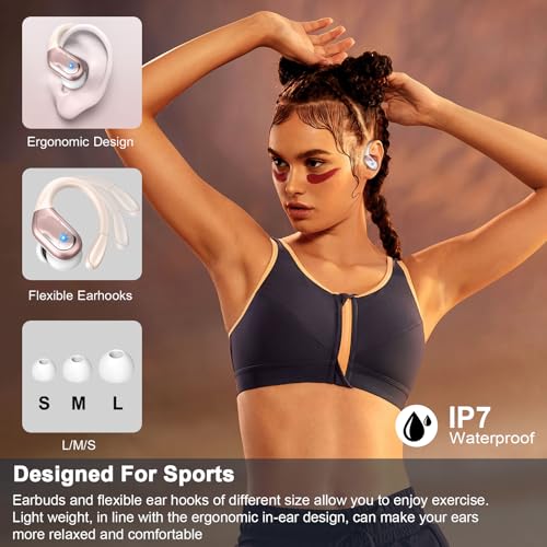 Wireless Earbud, 75H Bluetooth 5.4 Headphones Sport IP7 Waterproof, Running Wireless Earphones with ENC Noise Canceling Mic, 3D Bass Over Ear bud with Earhooks for Android, iOS, Workout, Gym, Rosegold - color: Rose Gold