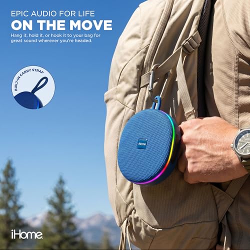 iHome Venture Wireless Portable Bluetooth Speaker with RGB Lights | Water Resistant, Built-in Carry Strap, TWS Pairing, Color-Changing LEDs, Rechargeable Battery, Cable Included, Bluetooth 5.3 - color: Blue