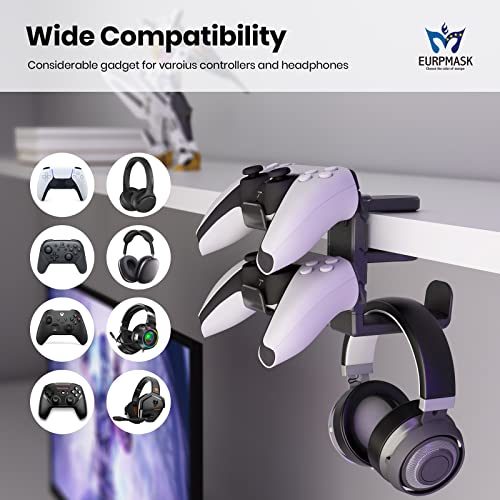 EURPMASK 3-in-1 Rotating Headphone Stand w/2 Detachable Controller Holders | Adjustable Clamp-on Headset Holder Hanger,360°Swivel,Gaming Headset Hanger,Cable Organizer,Keep Headphones Secure&Desk Tidy - color: Black Pro