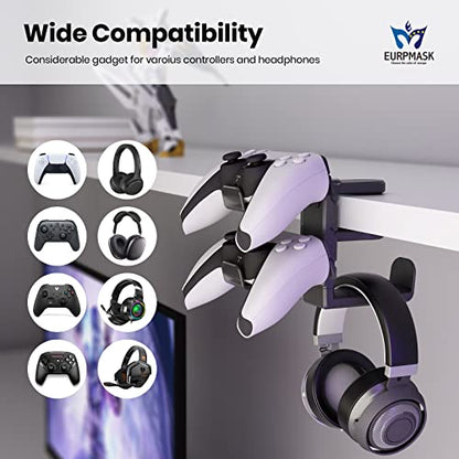 EURPMASK 3-in-1 Rotating Headphone Stand w/2 Detachable Controller Holders | Adjustable Clamp-on Headset Holder Hanger,360°Swivel,Gaming Headset Hanger,Cable Organizer,Keep Headphones Secure&Desk Tidy - color: Black Pro