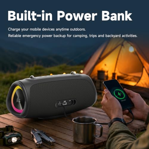 TAZATA Bluetooth Speaker Wireless, 90W Peak Loud Boombox Outdoor Speakers | IPX7 Waterproof, Bass Boost, BT5.3, Broadcast Pairing, 95dB Large Subwoofer, 20H/3.5mm AUX, Portable Speaker for Party, Beach - color: Black