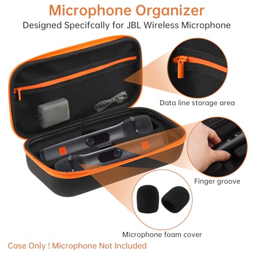 Wireless Microphone Case 11.41"x6.1" EVA Dual Mic Travel Bag for JBL Mics | Rubber handle hard storage box, Fits similar sized mics, soft pad protect, Karaoke Singing, easy travel , 2 foam covers