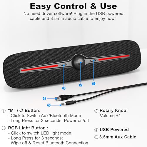 SOULION Computer Speakers, Wired 3.5mm Aux Bluetooth Soundbar for Desktop | USB Powered, 4 Dynamic Lighting Modes, Rotary Volume Control Button for Laptop Monitor Office Music Game