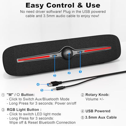 SOULION Computer Speakers, Wired 3.5mm Aux Bluetooth Soundbar for Desktop | USB Powered, 4 Dynamic Lighting Modes, Rotary Volume Control Button for Laptop Monitor Office Music Game
