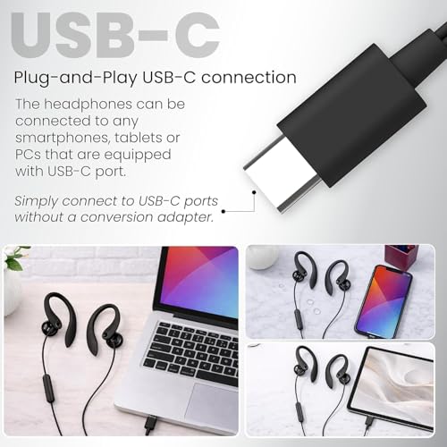 PHILIPS USB-C Wired Earbuds with Microphone, Secure Fit Over-Ear Sport Earhooks, Deep Bass 15mm Drivers, in-Line Controls, Plug-and-Play USB-C Earphones, Wired Open Ear Headphones for Running & Gym - color: Black, style: USB-C WITH MIC
