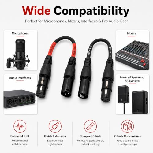 Professional XLR Male to Female Microphone Cables - 6 Inch Balanced Audio Extension Cord (2-Pack) for Studio Equipment, Mixers, Mics