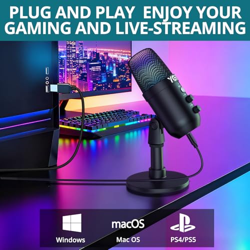 USB Gaming Microphone with RGB Lights Stand for PC, PS4, PS5 — Condenser Microphone Mute Headphones Jack, Noise Cancellation, Gain Control USB/XLR | Gaming, Podcasting, Streaming