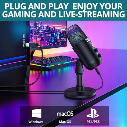 USB Gaming Microphone with RGB Lights Stand for PC, PS4, PS5 — Condenser Microphone Mute Headphones Jack, Noise Cancellation, Gain Control USB/XLR | Gaming, Podcasting, Streaming