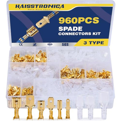 haisstronica 960 PCS Brass Open Barrel Spade Connector, 3 Widths | Dual-Crimp Wings for Wire and Insulation Grip, 2.8/4.8/6.3mm, Auto, Trailer and Marine Wiring, Speaker Wire Connectors - size: 960
