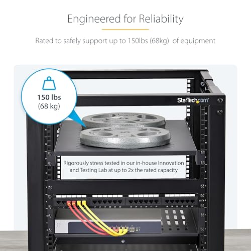 StarTech 1U 4-Post Vented Rack Shelf, 28-34.4in, 150lb (ADJSHELFV-Rack) | Adjustable depth 71.1-87.3cm, 150lb/68kg capacity, Cold-rolled steel, M5 hardware - size: 28-34.4in