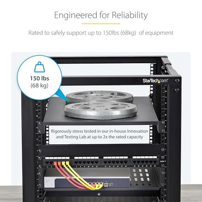 StarTech 1U 4-Post Vented Rack Shelf, 28-34.4in, 150lb (ADJSHELFV-Rack) | Adjustable depth 71.1-87.3cm, 150lb/68kg capacity, Cold-rolled steel, M5 hardware - size: 28-34.4in