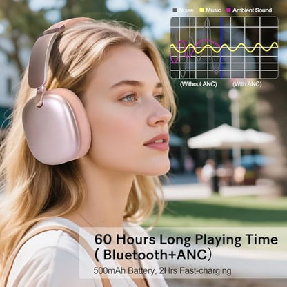 C6 Active Noise Cancelling Headphones, Wireless Over Ear Bluetooth Headphones, 60H Playtime, Lightweight Folding Deep Bass Comfort Fit Ear Cups Headset with Mic for iPad/PC/Home Rose Gold - color: Rose Gold