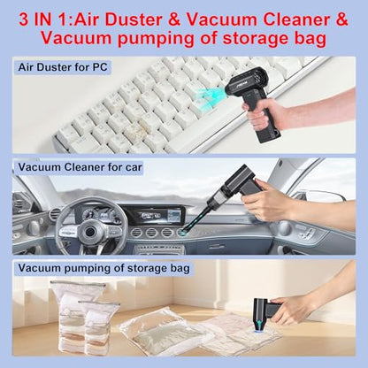 Compressed Air Duster&Vacuum Cleaner, 3-in-1 150000RPM Cordless Air Blower | Car Vacuum Cleaner with Brushless Motor Rechargeable 3-Speed,multiple nozzles for Computer Keyboard Home, Storage Bag Sealing
