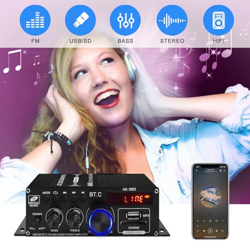 AK-380 USB SD BT.C FM AUX Audio Power Amplifier 2.0 CH 40W+40W HiFi AMP | Stereo AMP Bluetooth 5.0 Speaker Amp Receiver with 12V 5A Power Supply,FM Antenna for Car Home Bar Party - color: AK-380(2.0CH 40W+40W RMS)