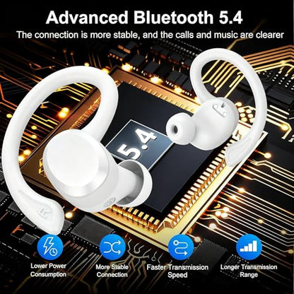 sprtoybat Wireless Earbuds, 2026 New Bluetooth 5.4 Headphones Sport Earphones with 68Hrs Playtime LED Display ENC Noise Cancelling Mic, IPX7 Waterproof Over Ear Ear Buds with Hook for Sports/Running - color: Elegant White