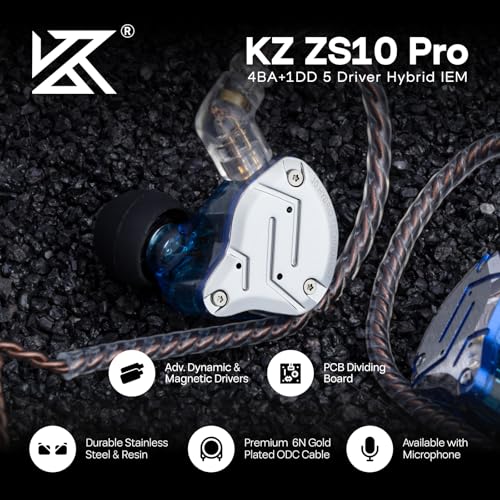 Linsoul KZ ZS10 Pro, 4BA+1DD 5 Driver in Ear Monitor, HiFi Wired Earbuds, Gaming Earbuds, Hybrid IEM Earphones with Stainless Steel Faceplate, Detachable Cable for Musician (with Mic, Blue) - color: Blue, style: With Mic