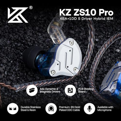 Linsoul KZ ZS10 Pro, 4BA+1DD 5 Driver in Ear Monitor, HiFi Wired Earbuds, Gaming Earbuds, Hybrid IEM Earphones with Stainless Steel Faceplate, Detachable Cable for Musician (with Mic, Blue) - color: Blue, style: With Mic
