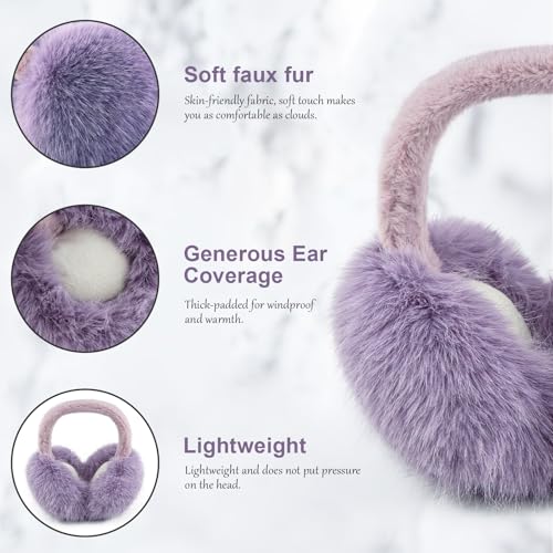 Earmuffs for Women Girls Faux Fur Fuzzy Headband Foldable Ear Covers Cold Weather Accessory - color: Purple