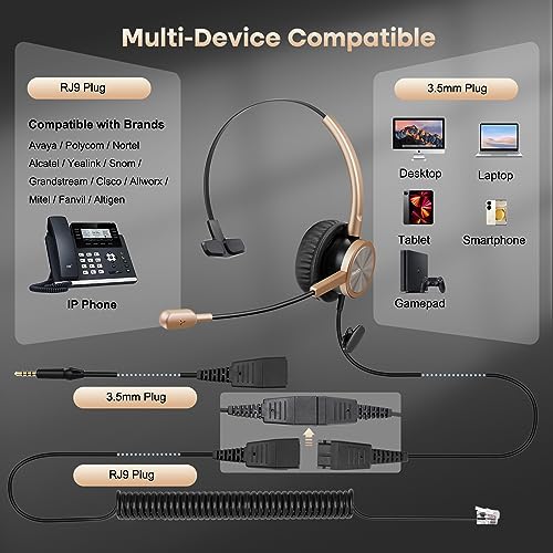 Telephone Headset with RJ9 for Cisco Phone Call Center Headset with Noise Cancelling Microphone with Extra 3.5mm Connector for Mobiles - style: Mono