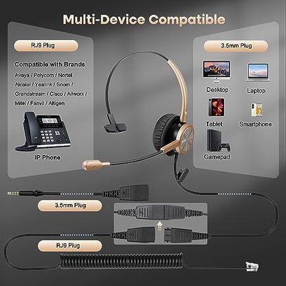 Telephone Headset with RJ9 for Cisco Phone Call Center Headset with Noise Cancelling Microphone with Extra 3.5mm Connector for Mobiles - style: Mono