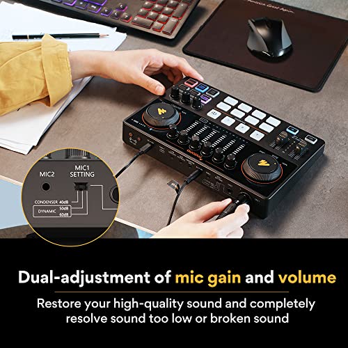 MAONO AME2 Audio Interface Mixer, Podcast Studio Console with XLR Input | 48V phantom power, Bluetooth, 11 custom sound pads, podcast recording, YouTube/TikTok live streaming, PC and XLR mic setup