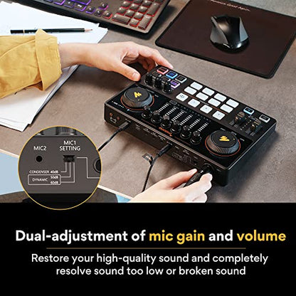 MAONO AME2 Audio Interface Mixer, Podcast Studio Console with XLR Input | 48V phantom power, Bluetooth, 11 custom sound pads, podcast recording, YouTube/TikTok live streaming, PC and XLR mic setup