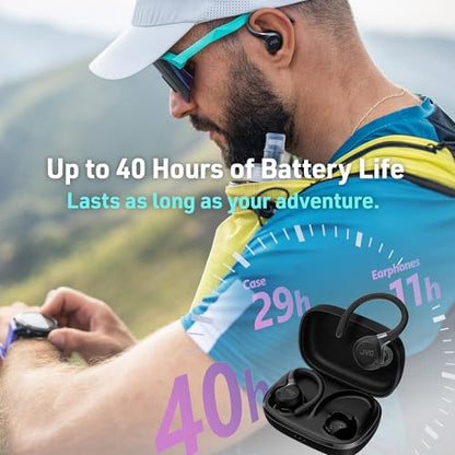 JVC Fitness Series HAEC75TB True Wireless Sport Earbuds, Black | Adjustable Hooks, Active Noise Cancelling, Ambient Sound Mode, IP57 Waterproof, 40hr Long Battery Life - color: Black