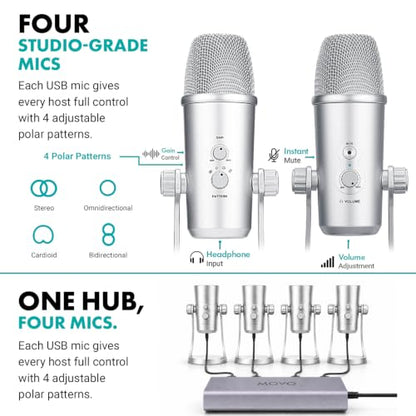 Movo 4-Person USB Podcast Equipment Bundle – 4 Condenser Mics, Hub & Case - color: Silver