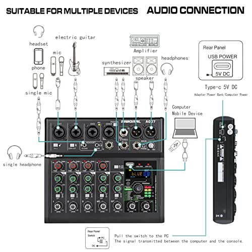 USB interface Audio 7 Channel Mixer With Effects 88 Dsp Digital DJ Mixing Board Bluetooth Music Player 48v Line For Condenser Mic Audio Mixer to PC/Phone For Karaoke Record Livestream