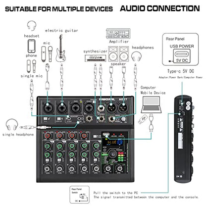 USB interface Audio 7 Channel Mixer With Effects 88 Dsp Digital DJ Mixing Board Bluetooth Music Player 48v Line For Condenser Mic Audio Mixer to PC/Phone For Karaoke Record Livestream