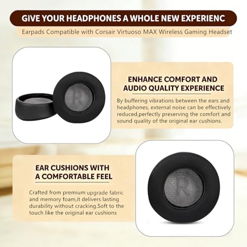 Cooling Gel Ear Pads Replacement Compatible with Corsair Virtuoso MAX Wireless Gaming Headset Mesh Fabric Ear Cushion | Black