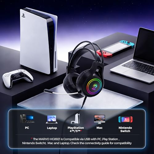 MARVO H8921 Gaming Headset with Mic, Wired Headphones Over Ear, USB Headset with Surround Sound, Noise Canceling Gaming Headphones for PC, PS4/PS5