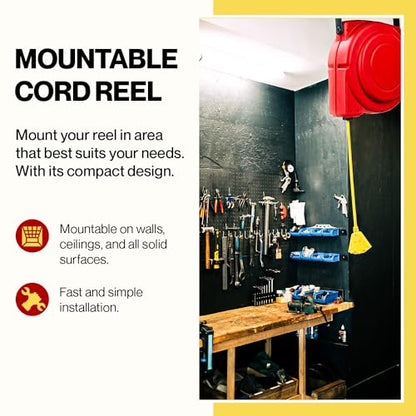 ReelWorks Extension Cord Reel Retractable 12AWG x 65' Foot | 3C/SJT Heavy Duty Commercial Cable Triple Tap Connector Power 15A 125VAC 1875W