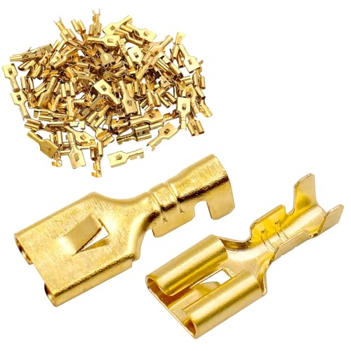 BAOMAIN 100-Pack 6.3mm 1/4" Female Spade Connector Non-Insulated Terminals | Copper 1/4" Non-Insulated Female Connectors with Locking Tab for 18-16 AWG Wire,Ideal for Automotive & DIY Projects