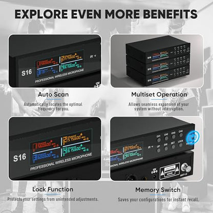 Lapel Wireless Microphone System with Headset & Lavalier Mics, Pro 4 Channel UHF Mics Set with Bodypack Transmitter & Metal Receiver, 200 Adjustable Frequency, 300ft Range for Church, Party - size: 4 Channel