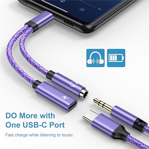 USB C to 3.5mm Audio Headphone & Android Phone Charger Adapter, 2-in-1 Type | C to Aux Earphone Jack Dongle Cable & 60W Fast Charging for Samsung Galaxy S26 A17 A36 A54 A34 S24 S23 Ultra S22 S21 fe S20