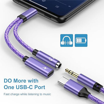 USB C to 3.5mm Audio Headphone & Android Phone Charger Adapter, 2-in-1 Type | C to Aux Earphone Jack Dongle Cable & 60W Fast Charging for Samsung Galaxy S26 A17 A36 A54 A34 S24 S23 Ultra S22 S21 fe S20