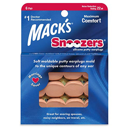 Mack's Snoozers Silicone Putty Earplugs - 6 Pair – Comfortable, Moldable Silicone Ear Plugs for Sleeping, Snoring, Loud Noise & Traveling | Made in USA
