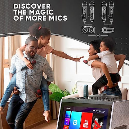 MASINGO 2 Wireless Karaoke Microphones, Integrated Bluetooth Receiver - Connects Mics and Smartphone to Any Speaker with AUX/Mic Input - Includes Singer Vocal Removal Mode + Charging Base - A12