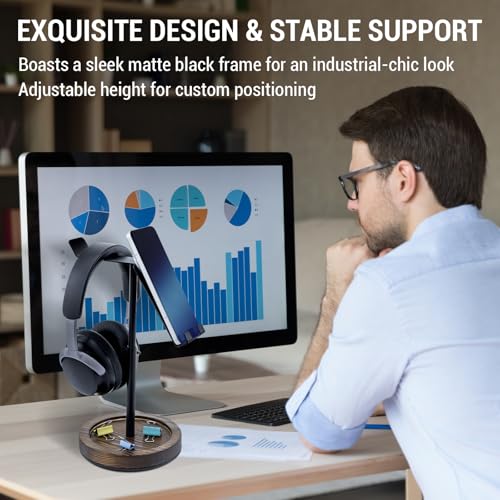 MyGift Industrial Matte Black Metal Headphone Stand with Adjustable Height and Burnt Wood Tray – Desktop Headset Holder for Office, Gaming, or Studio Setup - color: Dark Brown (Adjustable Height)