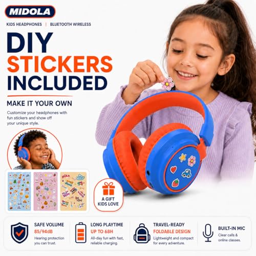 Kids Bluetooth Headphones Wireless 68 Hours,Safe Volume Limit 85/94dB Blue | Adjustable Headband Foldable Over-Ear Lightweight Headsets for Toddler Girls Boys Tablet/iPad,HD Stereo,Built-in Mic - color: Blue