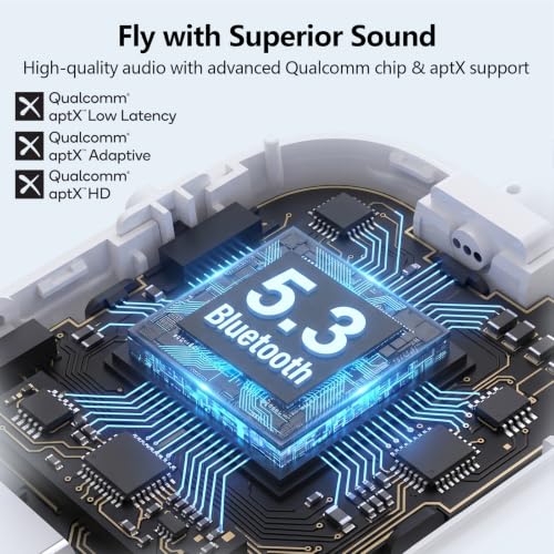 1Mii SafeFly Min Airplane Bluetooth Adapter for 2 AirPods or Headphones | aptX Adaptive & HD Hi-Fi Sound, Display Screen, 25H Battery, 3.5mm AUX Wireless Audio Transmitter for Flight Travel, TVs, Gym