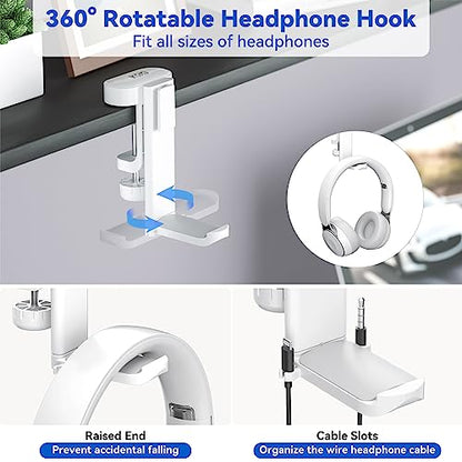 KDD 4-in-1 Desk Organizer - Under Desk Cup Holder and Headphone Hanger with 2 Wire Holes - Rotating Hanger and Detachable Storage for Cup, Phone and Pen (White) - color: White